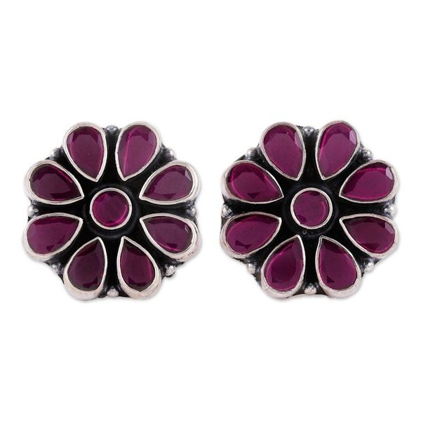 Alternate image for Sterling Silver Floral Button Earrings with Pink Onyx Stones Pink Blend