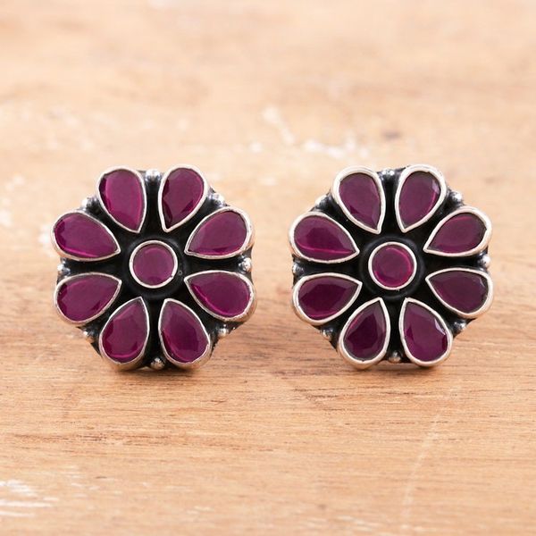 Alternate image for Sterling Silver Floral Button Earrings with Pink Onyx Stones Pink Blend