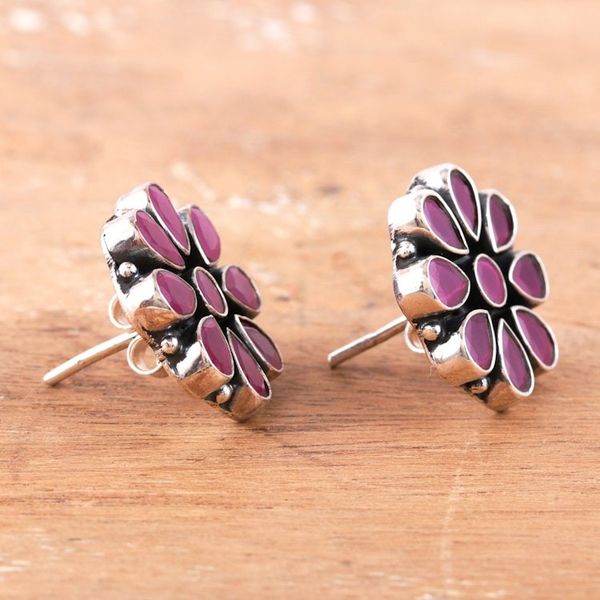 Alternate image for Sterling Silver Floral Button Earrings with Pink Onyx Stones Pink Blend