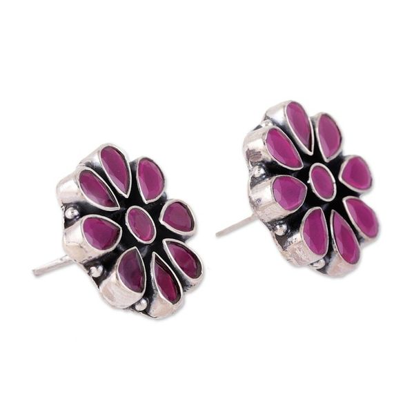Alternate image for Sterling Silver Floral Button Earrings with Pink Onyx Stones Pink Blend