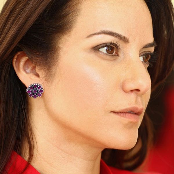 Alternate image for Sterling Silver Floral Button Earrings with Pink Onyx Stones Pink Blend
