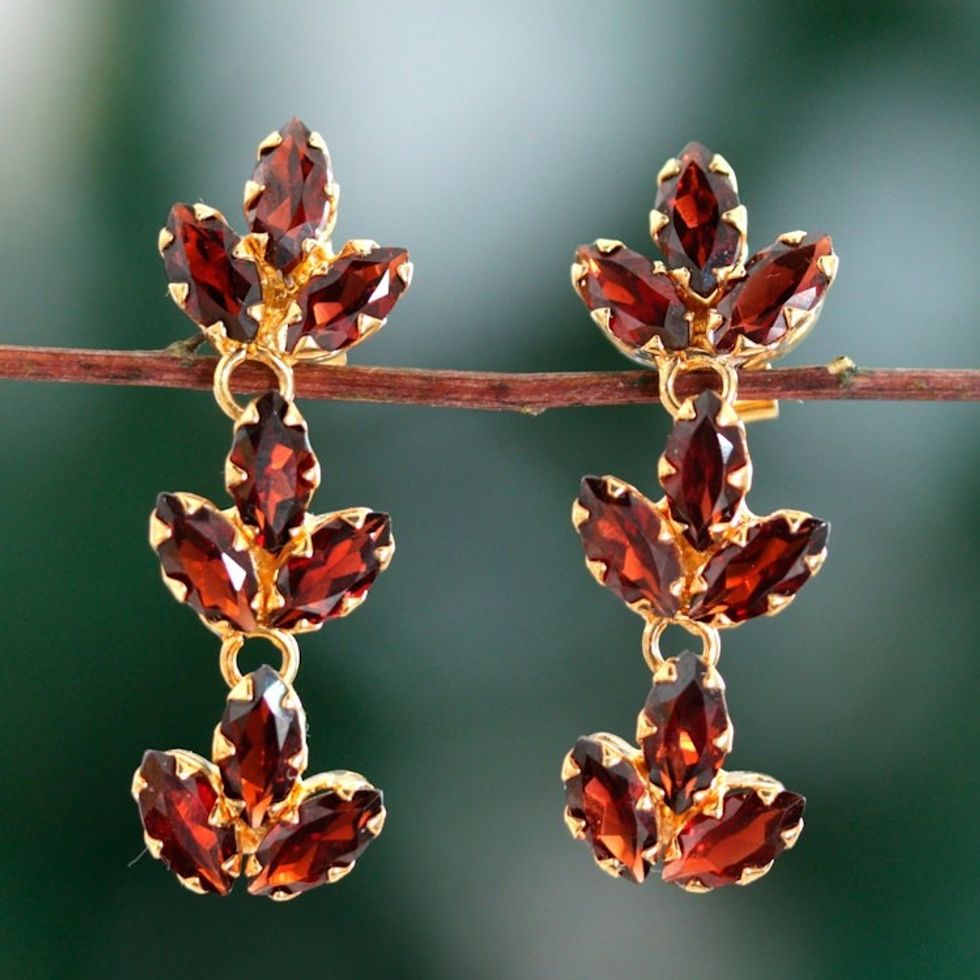 22k Gold-Plated Leafy Garnet Dangle Earrings from India 'Golden Red Leaves'