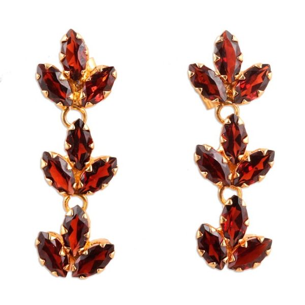 Alternate image for 22k Gold-Plated Leafy Garnet Dangle Earrings from India Golden Red Leaves