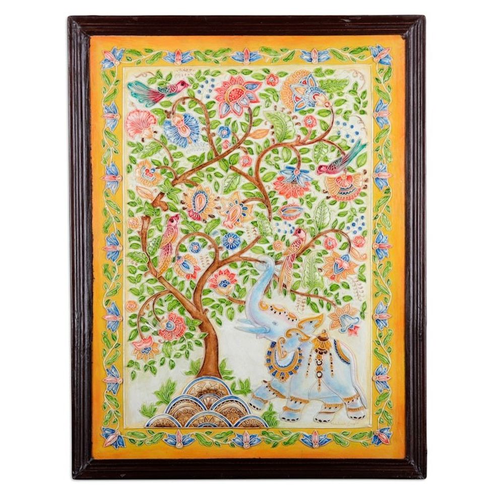 Handcrafted Tree and Elephant Marble Wall Art from India 'Wondrous Harmony'