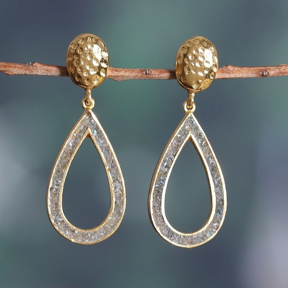 Textured Gold-Plated Dangle Earrings with Labradorite Chips 'Evening Flair'