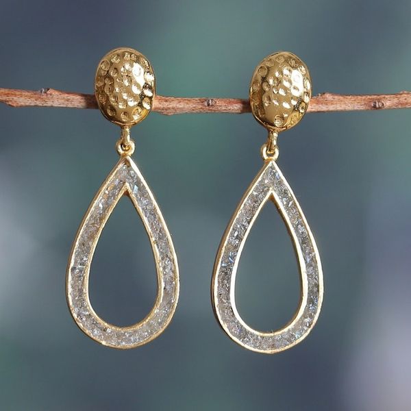 Alternate image for Textured Gold-Plated Dangle Earrings with Labradorite Chips Evening Flair