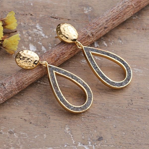 Alternate image for Textured Gold-Plated Dangle Earrings with Labradorite Chips Evening Flair
