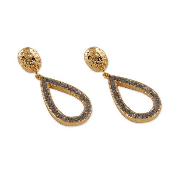 Alternate image for Textured Gold-Plated Dangle Earrings with Labradorite Chips Evening Flair