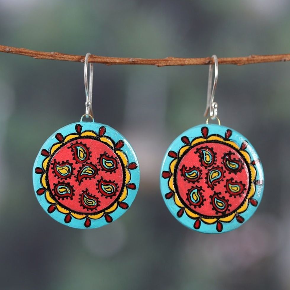 Paisley-Themed Hand-Painted Red Ceramic Dangle Earrings 'Circle of Paisley'