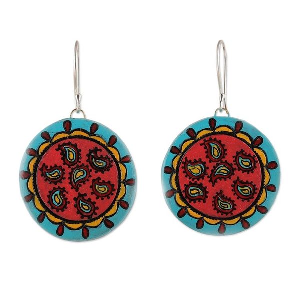 Alternate image for Paisley-Themed Hand-Painted Red Ceramic Dangle Earrings Circle of Paisley