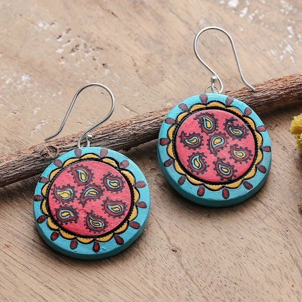 Alternate image for Paisley-Themed Hand-Painted Red Ceramic Dangle Earrings Circle of Paisley