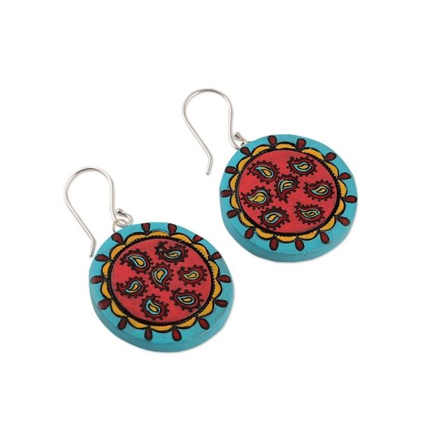 Alternate image for Paisley-Themed Hand-Painted Red Ceramic Dangle Earrings Circle of Paisley