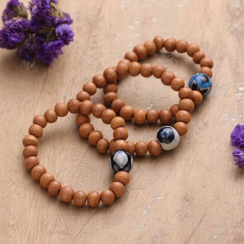 3 Painted Wood Ceramic Beaded Stretch Pendant Bracelets 'United Orbs'