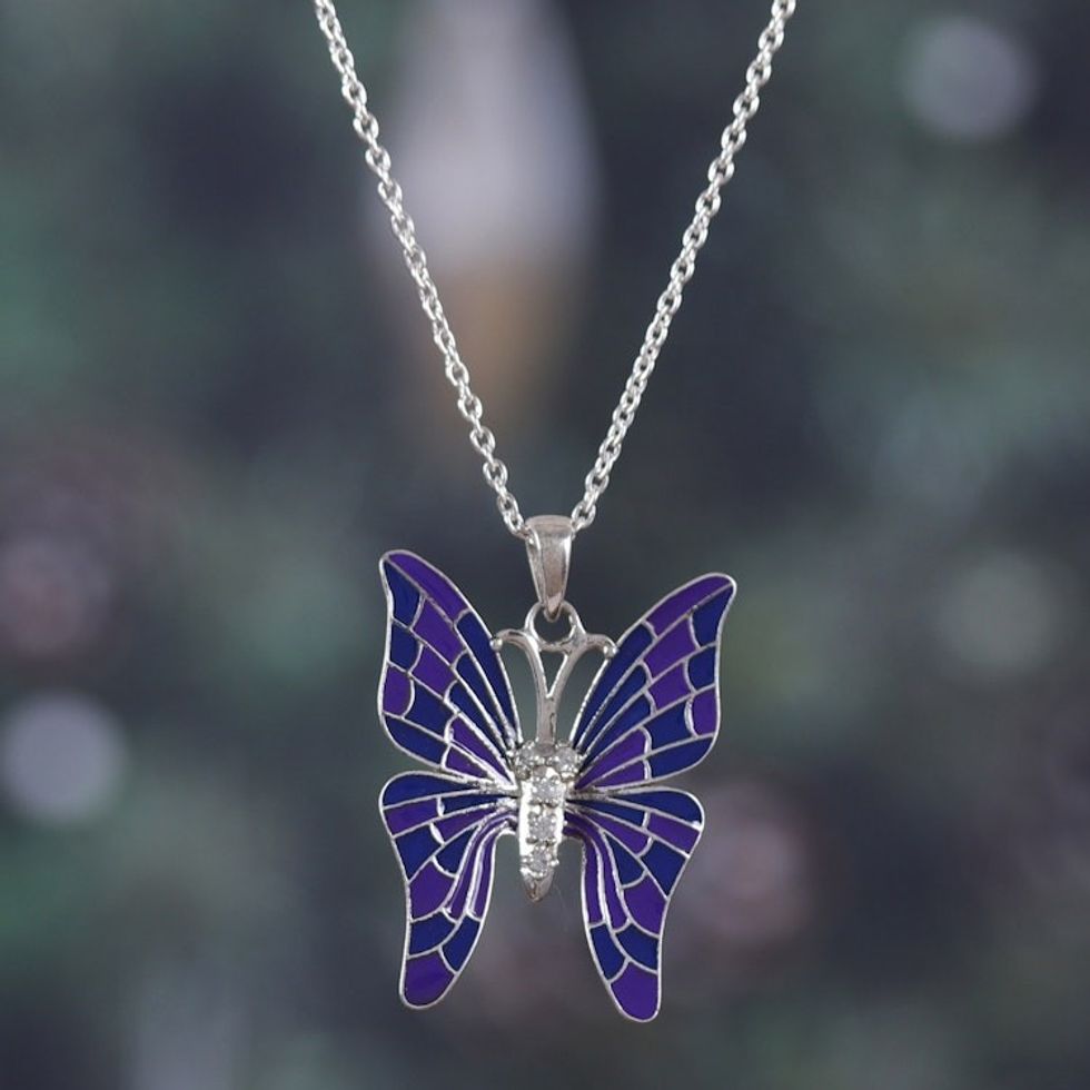 Hand-Painted Blue Sterling Silver Butterfly Pendant Necklace 'Butterfly's Magical Colors'