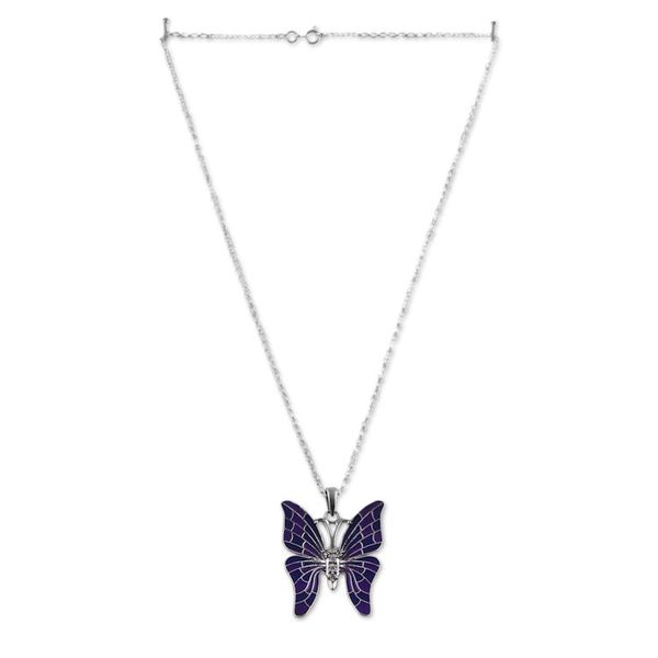 Alternate image for Hand-Painted Blue Sterling Silver Butterfly Pendant Necklace Butterflys Magical Colors