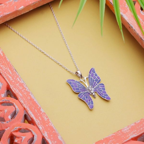 Alternate image for Hand-Painted Blue Sterling Silver Butterfly Pendant Necklace Butterflys Magical Colors