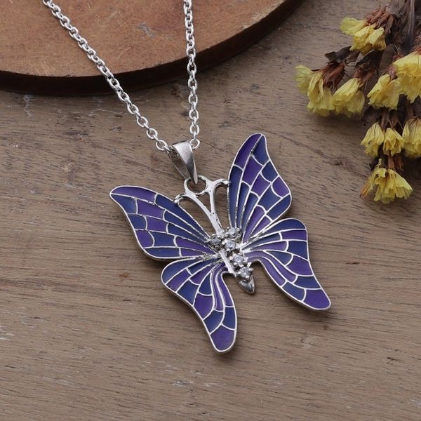 Alternate image for Hand-Painted Blue Sterling Silver Butterfly Pendant Necklace Butterflys Magical Colors