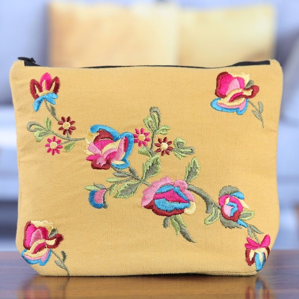 Rayon-Embroidered Floral Mimosa Yellow Cotton Cosmetic Bag 'Mimosa Spring'