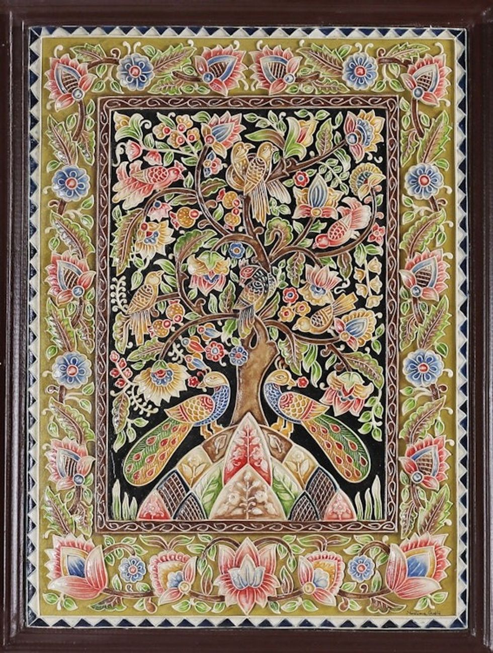 Marble Relief Wall Art with Tree Bird and Floral Motifs 'Family of Birds'
