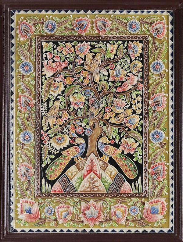 Alternate image for Marble Relief Wall Art with Tree Bird and Floral Motifs Family of Birds