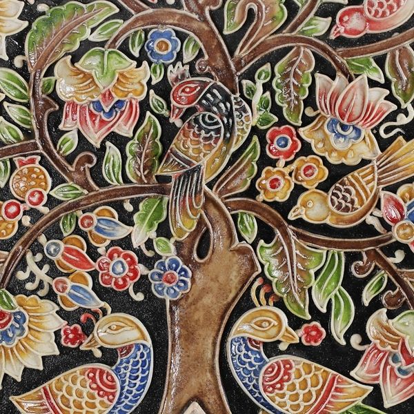 Alternate image for Marble Relief Wall Art with Tree Bird and Floral Motifs Family of Birds