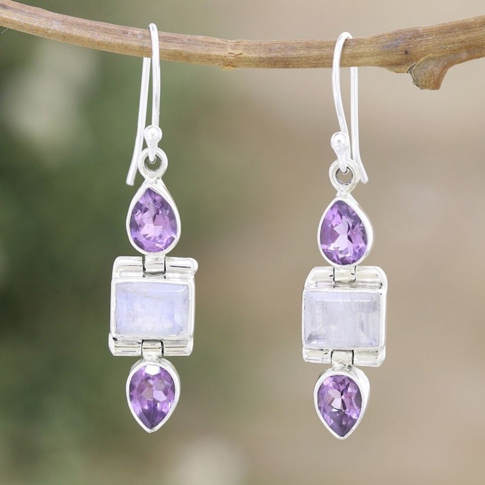 6-Carat Amethyst and Rainbow Moonstone Dangle Earrings 'Purple Prophecies'