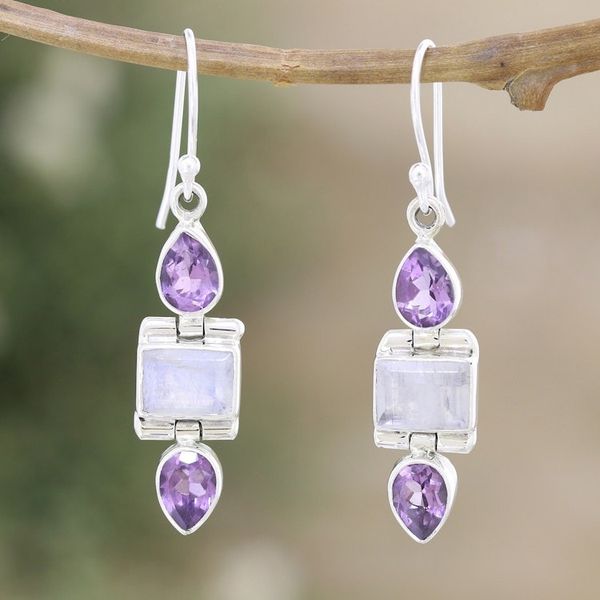 Alternate image for 6-Carat Amethyst and Rainbow Moonstone Dangle Earrings Purple Prophecies