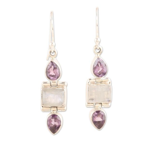 Alternate image for 6-Carat Amethyst and Rainbow Moonstone Dangle Earrings Purple Prophecies