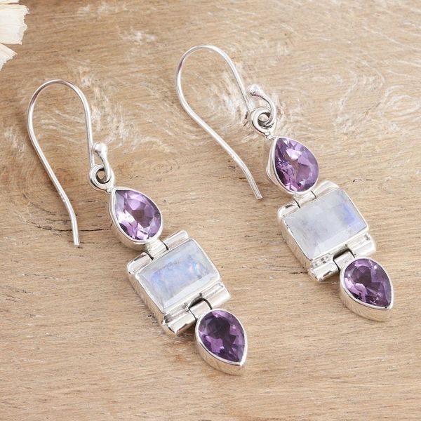 Alternate image for 6-Carat Amethyst and Rainbow Moonstone Dangle Earrings Purple Prophecies