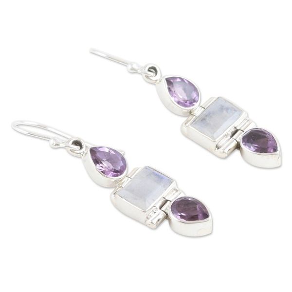 Alternate image for 6-Carat Amethyst and Rainbow Moonstone Dangle Earrings Purple Prophecies