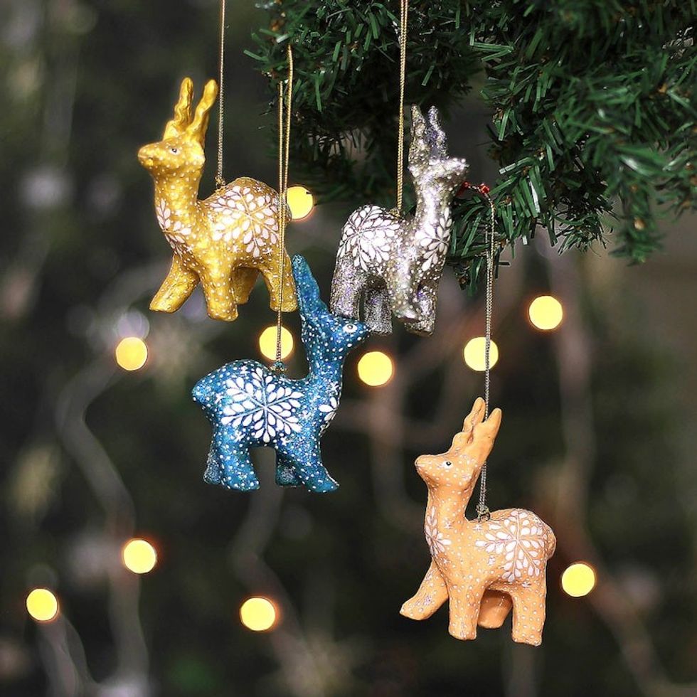 Set of 4 Handmade Snowflake Reindeer Papier Mache Ornaments 'Celebration Reindeer'