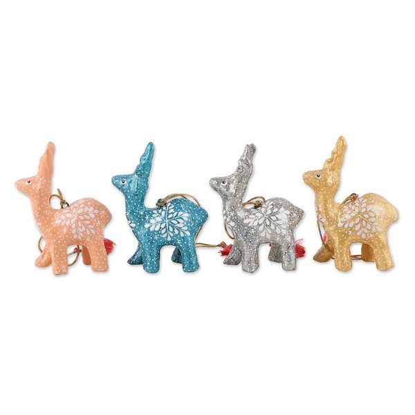 Alternate image for Set of 4 Handmade Snowflake Reindeer Papier Mache Ornaments Celebration Reindeer