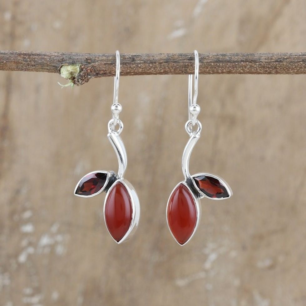 Leafy Dangle Earrings with Carnelian and Garnet Jewels 'Romance Leaf'