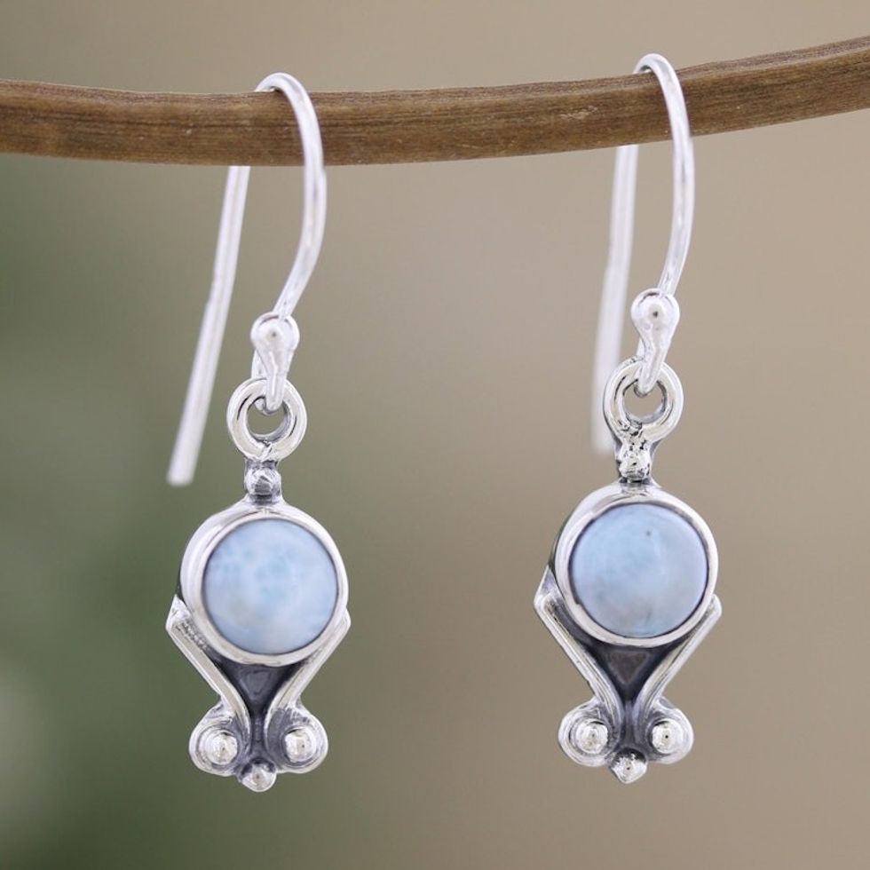 Sterling Silver Dangle Earrings with Natural Larimar Stones 'Serene Love'