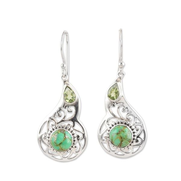 Alternate image for Faceted Peridot and Composite Turquoise Dangle Earrings Lagoon Harmony
