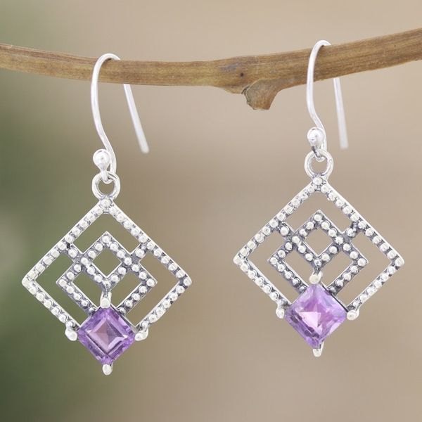 Alternate image for Geometric Sterling Silver Dangle Earrings with Amethyst Gems Connected Geometry
