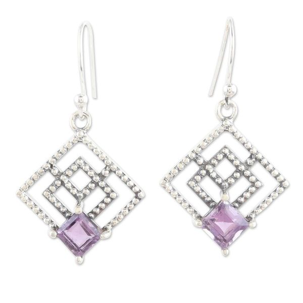 Alternate image for Geometric Sterling Silver Dangle Earrings with Amethyst Gems Connected Geometry