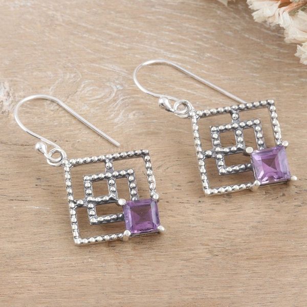 Alternate image for Geometric Sterling Silver Dangle Earrings with Amethyst Gems Connected Geometry