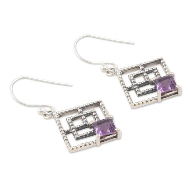 Alternate image for Geometric Sterling Silver Dangle Earrings with Amethyst Gems Connected Geometry