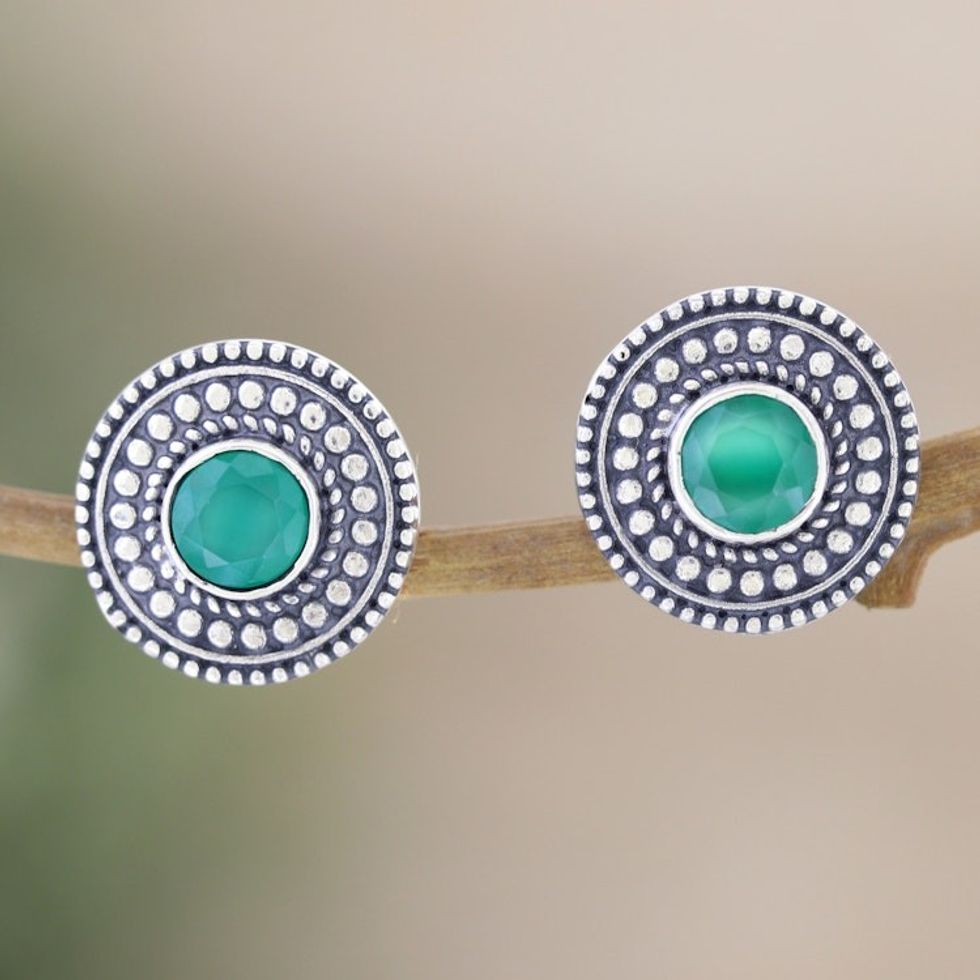 Green Onyx Button Earrings Crafted from Sterling Silver 'Intellect illusion'