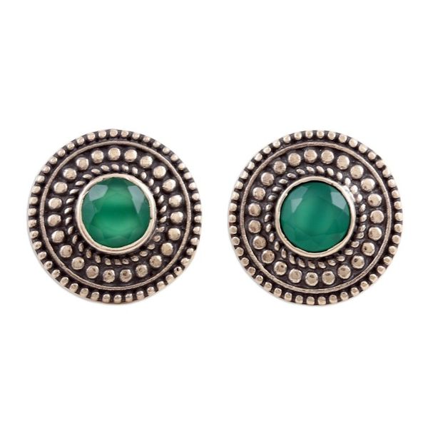 Alternate image for Green Onyx Button Earrings Crafted from Sterling Silver Intellect illusion
