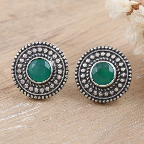 Alternate image for Green Onyx Button Earrings Crafted from Sterling Silver Intellect illusion