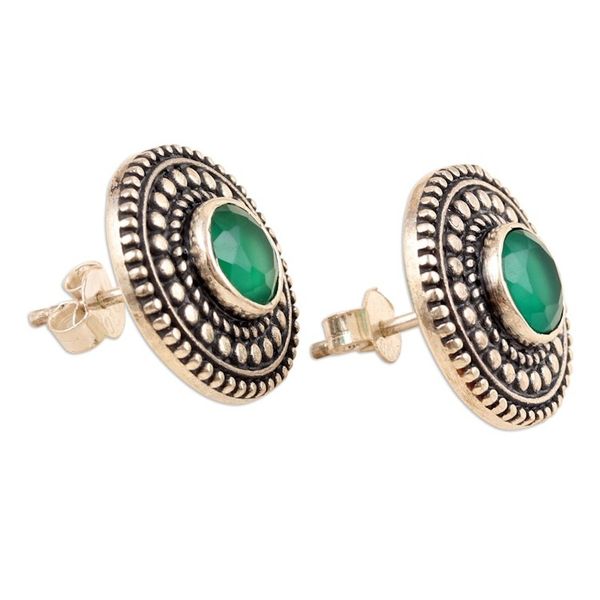 Alternate image for Green Onyx Button Earrings Crafted from Sterling Silver Intellect illusion