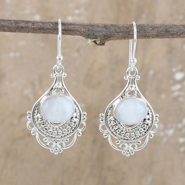 Alternate image for Traditional Dangle Earrings with Rainbow Moonstone Gems Celestial Joy