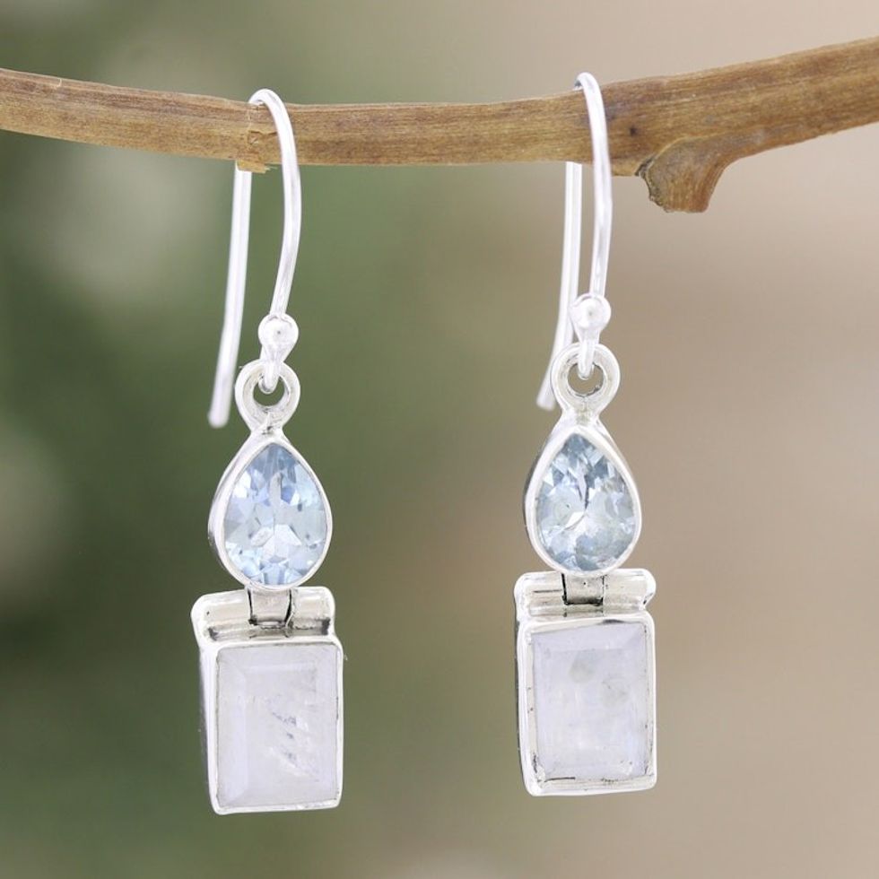 Rainbow Moonstone Blue Topaz Sterling Silver Dangle Earrings 'Iridescent Chic'