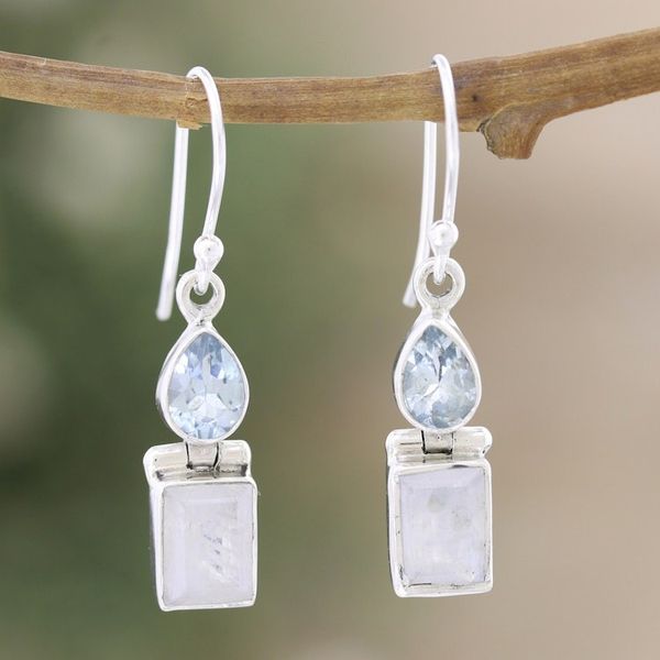 Alternate image for Rainbow Moonstone Blue Topaz Sterling Silver Dangle Earrings Iridescent Chic