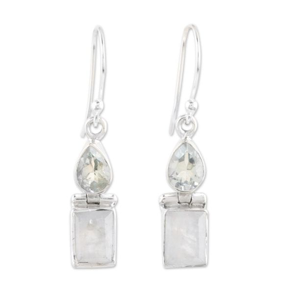 Alternate image for Rainbow Moonstone Blue Topaz Sterling Silver Dangle Earrings Iridescent Chic