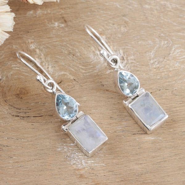 Alternate image for Rainbow Moonstone Blue Topaz Sterling Silver Dangle Earrings Iridescent Chic