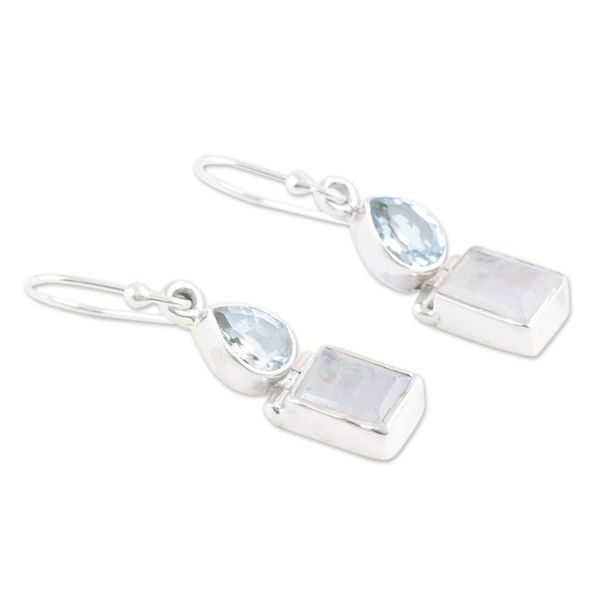 Alternate image for Rainbow Moonstone Blue Topaz Sterling Silver Dangle Earrings Iridescent Chic