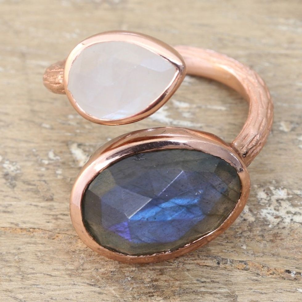 Gold-Plated Wrap Ring with Labradorite Rainbow Moonstone 'Sparkling Two'